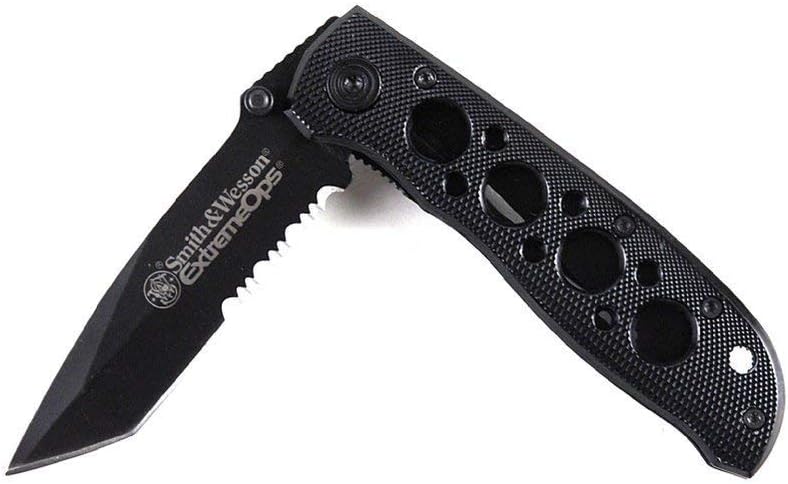 Smith & Wesson CK5TBS 7.4in High Carbon S.S. Folding Knife with a 3.2in Serrated Tanto Blade and Aluminum Handle for Outdoor, Tactical, Survival and EDC
