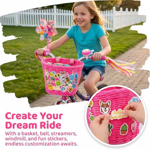 Pink Kids Bicycle Basket Set with Bell, Stickers, Windmill & Tassels