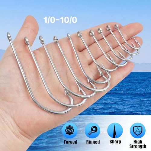 50pcs Saltwater Fishing Hooks - Forged Long Shank J Hooks Size 1/0-10/0, Extra Strong