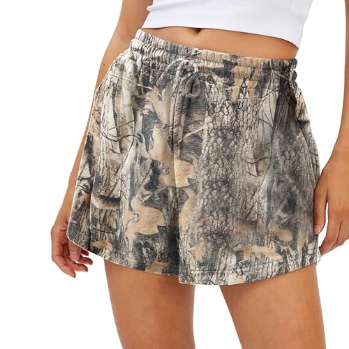 Medium Camo Sweat Shorts for Women Drawstring Elastic Waist Maple Leaf Print Lounge Athletic Shorts with Pockets - JoinQueen
