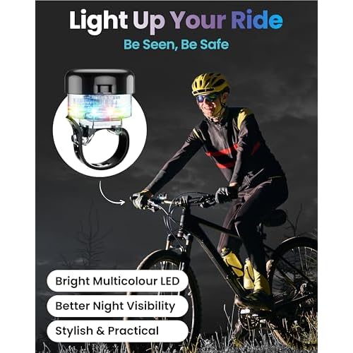 Bike Bell for Kids & Adults, LED Light Up Bike Bell Loud Crisp Sound Bicycle Bell with 3 Lighting Mode, Rechargeable Adjustable Strap Bike Accessories Fits Most City Bike Mountain Bike Children's Bike