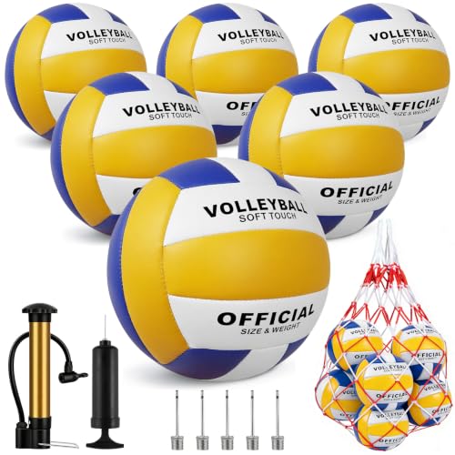 Official Size 5 Volleyball Set with Pump & Mesh Bag - 6 Soft PU Leather Balls - Yellow-Blue-White