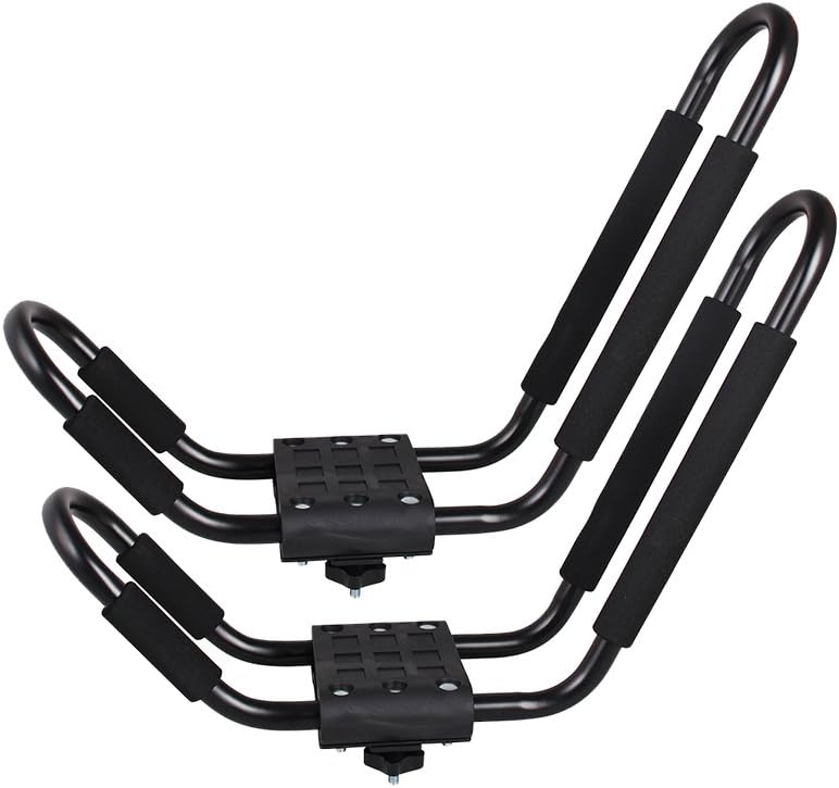 TMS Kayak Roof Racks for 2 Kayaks - Dual Universal Fit Carriers Include Two Sets of Straps for Cars, Trucks and SUVs - Easy to Mount J-Bar Style Carriers for Kayaks Canoes Paddleboards and Surfboards
