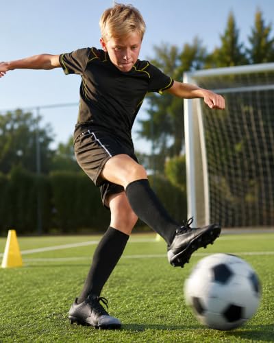 Kids Soccer Socks Youth Boys Knee High Sport Cushioned Socks - 8-12 Years, Black