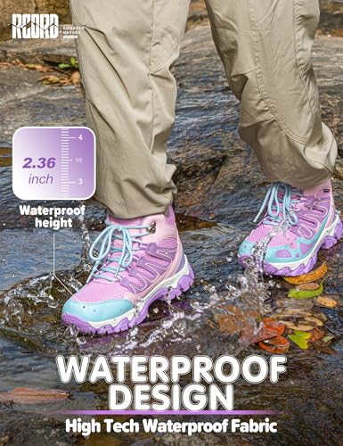 Kids Waterproof Hiking Boots - Purple, Anti-Slip Sole, Ankle Support, Size 5 Big Kid