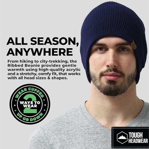 Tough Headwear Ribbed Beanie Hat - Four-Way Stretch Beanie for Women & Men - Lightweight, Soft Acrylic Knit Winter Hat