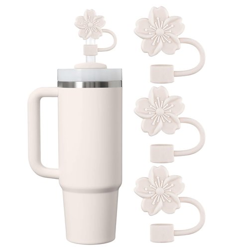 Clakioom Straw Cover Cap for Stanley Cup, 3Pcs Flower Silicone Toppers Accessories Compatible with Stanley Cup 30&40 Oz Tumbler, Straw Tips Lids for Home and Party Decor (Beige)