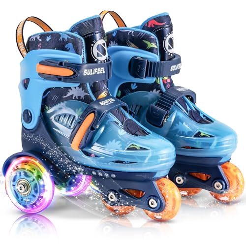 Adjustable Toddler Roller Skates for Girls Boys Kids Dinosaur Blue XS-Small 8C-11C US Light-Up Wheels