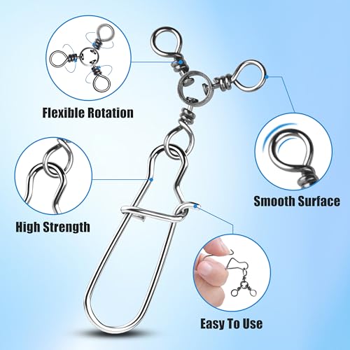 50pcs Stainless Steel 3 Way Swivels Fishing Tackle with Duo Lock Snap - 75lb