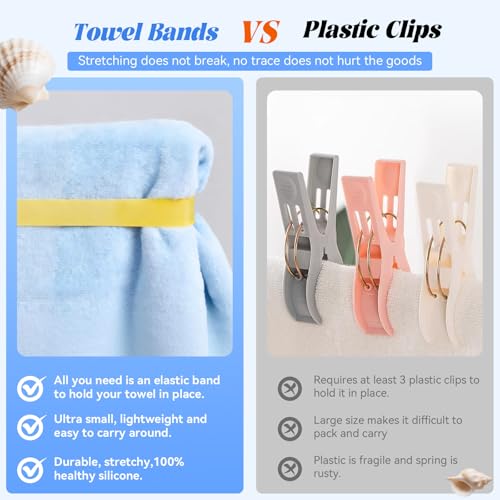 Heavy Duty Beach Towel Clips - 6 Pack Towel Bands for Beach Chairs & Outdoor Loungers