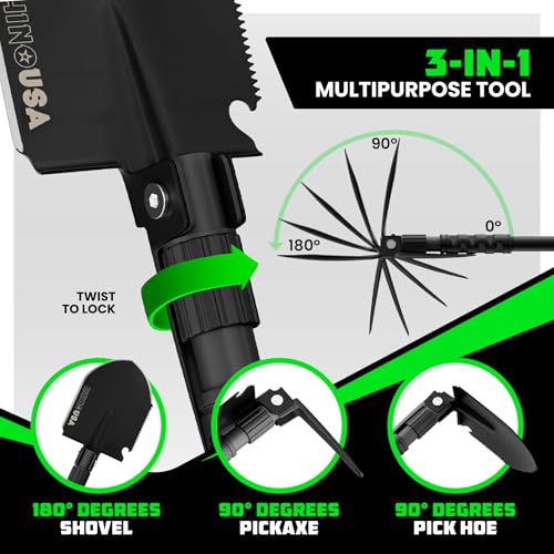 Black 31-Inch Survival Shovel with Pick and Multi-Tools - Military Style