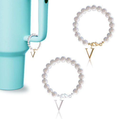 Rzjoke Letter Charm For Stanley Cup 2pcs Pearl Stanley Cup Accessories Charms For Handle, Initial Name Jewelry For Stanley Cup (V)