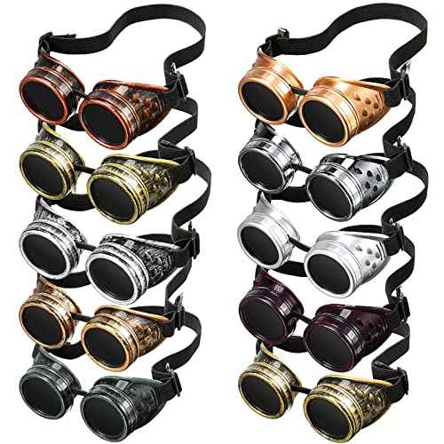 Yunsailing 10 Pairs Retro Victorian Steampunk Goggles Glasses Vintage Sunglasses Cyber Punk Gothic for Halloween Costume(Metallic Colors)
