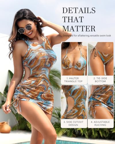 Brown Blue Marble Mesh Coverup Bikini Set - Large - 3 Piece Swimsuit