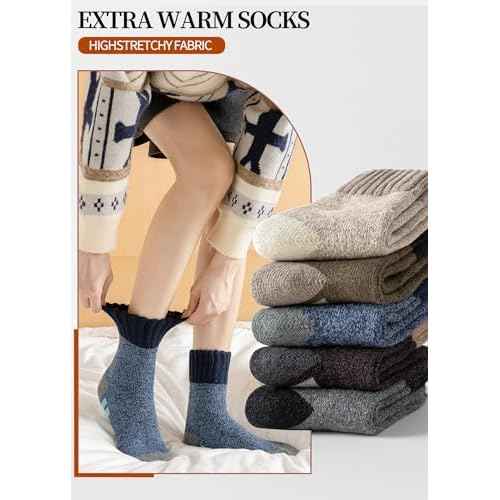 Wool Socks for Mens, 5 Pairs Thermal Warm Hiking Super Thick Crew Work Cushion Sock for Men Winter Cold Weather