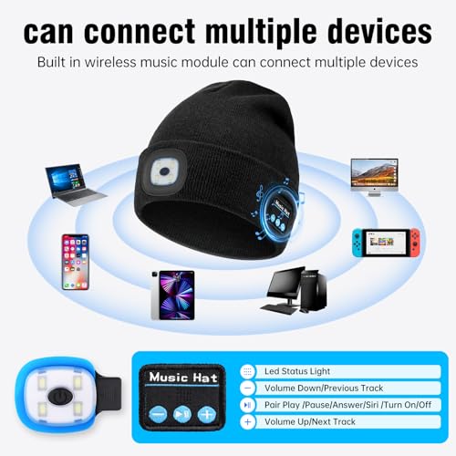 MUSIC LED Beanie Hat with Bluetooth, Rechargeable Hat with 3-Mode Headlamp & Hands-Free Calling,Warm Knit Cap for Men and Women, Ideal for Outdoor Night Activities Black