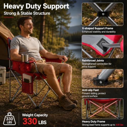 Byliable Oversized Folding Camping Chair with 330LBS Capacity - Red, Mesh Backrest