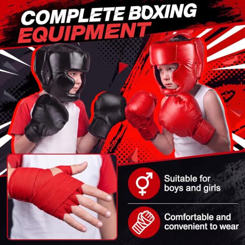 Kids Boxing Gear Set with Helmet Gloves Hand Wraps - Black & Red