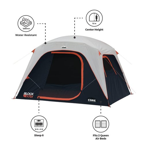 CORE Blackout 6 Person Dome Tent | Portable Car Camping Outdoor Family Dark Room Tent | Included Wall Organizer for Camping Accessories