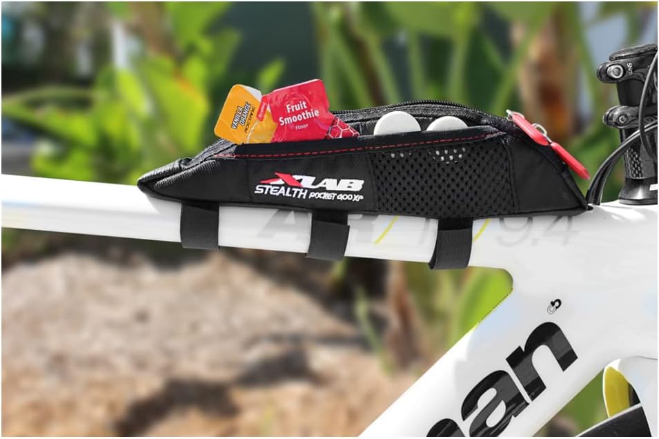 XLAB Stealth Pocket 400 XP – Strap Mounted Aerodynamic Top Tube Bag with Exterior Mesh Pockets for Triathlon and Gravel Bikes