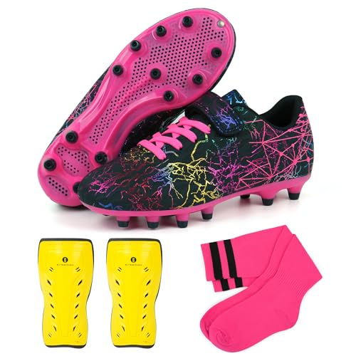 Kids Soccer Cleats for Girls - Firm Ground Football Shoes with Shin Guards & Socks, Size 13 Little Kid - Black Fuchsia