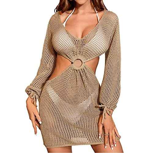 MakeMeChic Women's Crochet Cover Up Long Sleeve Knitted Swim Beach Cover Up Dress Swimwear