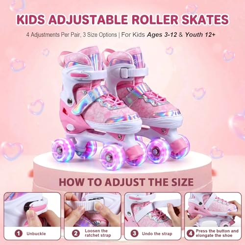 Pink Adjustable Kids Roller Skates for Girls Boys Toddlers Teens Youth - Small (10C-13C)