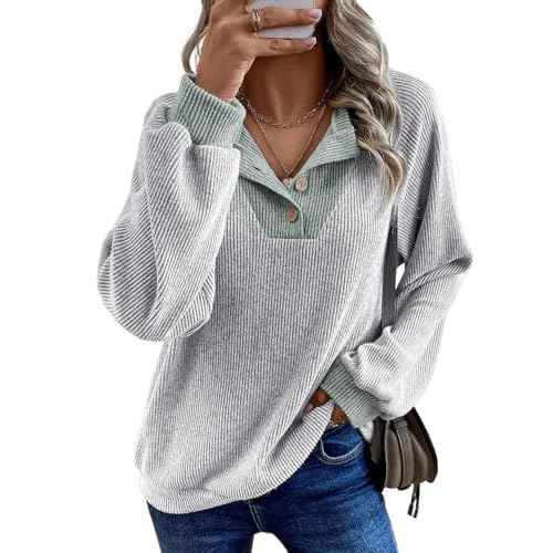 EVALESS Womens Fall Fashion 2025 Womens Long Sleeve Shirts Patchwork Button Up V Neck Sweatshirt Casual Pullover Tops