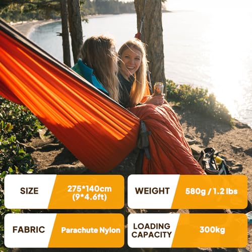 Ultra-Light Travel Camping Hammock Orange/Grey 275x140cm - 300kg Capacity