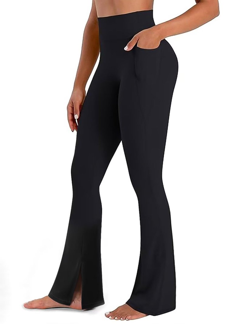 Flamingals Women's Butt Lifting Flare Leggings with Pockets High Waist Tummy Control Hidden Scrunch Mini Flared Yoga Pants Black L