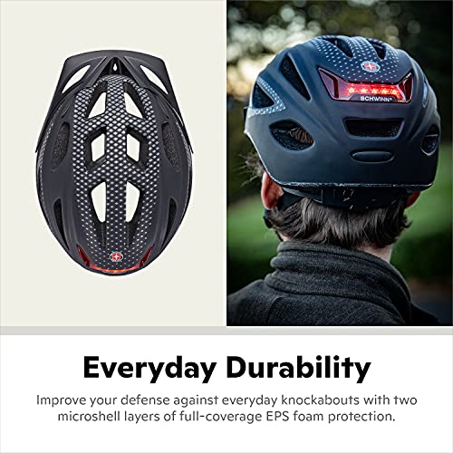 Schwinn Beam Lighted Helmet for Adults, Size 58 - 62 cm for Riders Ages 14+, Rear LED Light, Reflective Strips, Adjustable Dial and Straps, 17 Air Vents, Removable Visor, Adult Bike Helmet