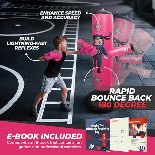 Pink Kids Punching Bag with Boxing Gloves and Pump - Gift Set for Ages 3-12