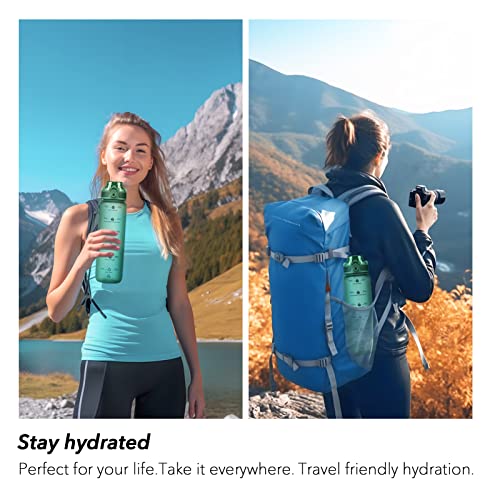 32oz Water Bottle with Time Marker & Strap - Green Motivational Drinkware