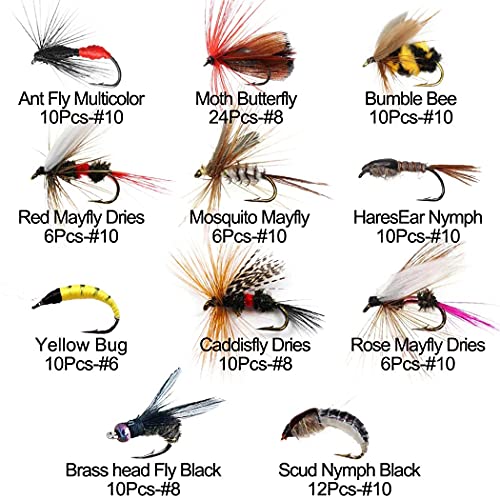 Fly Fishing Flies Kit 114 Pcs Handmade Trout Bass Streamers Dry Wet Flies