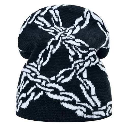 Y2K Beanie Hat for Men & Women Trendy Soft Stretchable Winter Cap, Chain Design Cold Knit Weather Accessory - Black