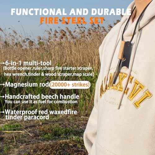 Fire Starter (2 Packs), All-Weather Magnesium Ferro Rod for Camping and Hiking, Emergency Survival Kits with Waxed Fire Tinder Paracord (28inch)&Beech/Pine Handle&&6-in-1 Multi-Tool