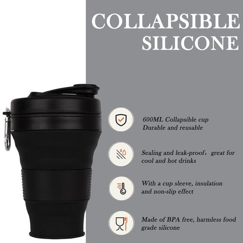 CYNROFVEN Silicone Coffee Cup with Straw lid Collapsible Cups for Traveling 20oz Lightweight Folding Water Mug for Picnic Hicking Camping Climbing (Black)