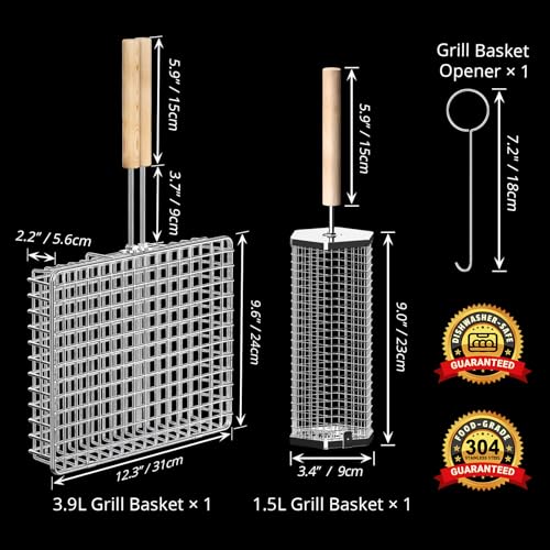 BBQ Grill Basket Set with Removable Wooden Handle, Stainless Steel Outdoor Cooking Accessories