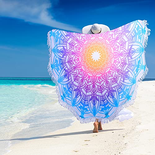 Large Boho Mandala Round Beach Towel - Fast Dry, Sand Free, 59 Inch Aqua Blue
