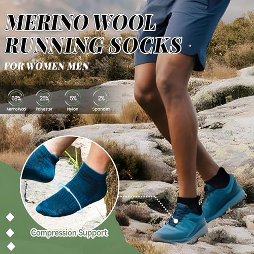 Merino Wool Ankle Hiking Socks for Men & Women - Thick Cushioned, Breathable, No Show Socks 6 Pairs - Blue & Green, Large
