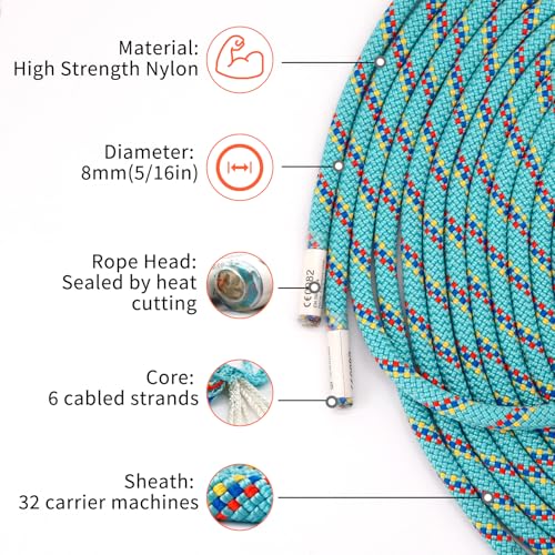 Outdoor Climbing Rope 8mm Static Cord - Blue 33 Feet - CE & UIAA Certified