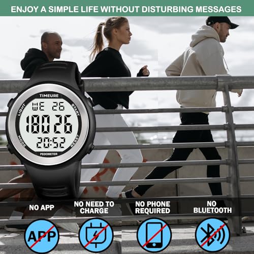 Men's Pedometer Watch for Walking Step Counter No Charging No App Black TIMEURE-2308