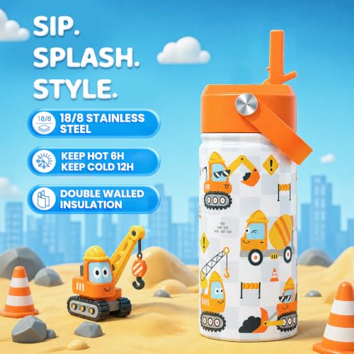 Construction Kids Water Bottle with Straw Lid - 12oz Insulated Stainless Steel - Variation 1