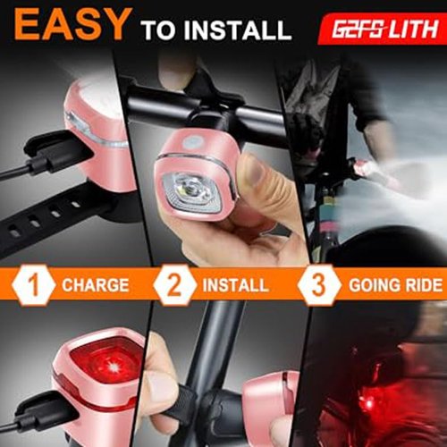 Bicycle Front and Rear Lights,IPX6 Waterproof Bike Light, Type-C Rechargeable, Flashing Light，Suitable for Night Riding, Cycling，Bike Headlight &Taillight for Men Women Kids Road Mountain(Pink)