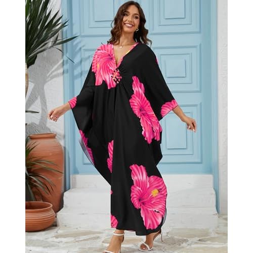 Bsubseach Moo Moos Kaftan Dresses for Women Floral Print Plus Size Swimsuit Coverup Caftan Maxi Beach Dress with Pockets