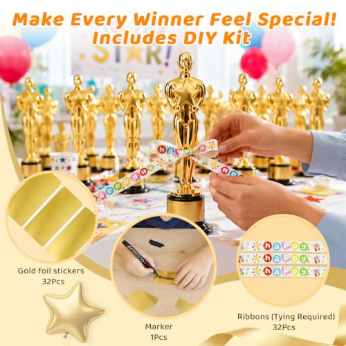 30 Pack Mini Award Trophies with Stickers Ribbons & Marker for Classroom & Party Recognition
