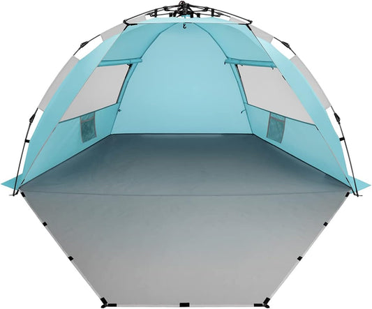 Oileus X-Large 4 Person Beach Tent Sun Shelter - Portable Sun Shade Instant Tent for Beach with Carrying Bag, Stakes, 6 Sand Pockets, Anti UV for Fishing Hiking Camping, Waterproof Windproof, Orange
