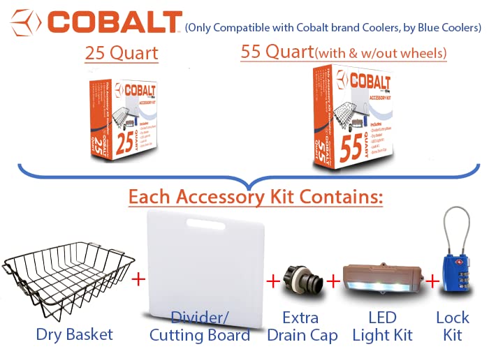Cobalt 25 Quart Coolers Unique Cooler Accessory Kit (Includes Divider/Cutting Board, Basket, Lock, Light, & Plug) (25 Quart Accessory Kit)