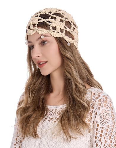 Women Cotton Crochet Skull Cap Beanie Hat - One Size Beige Beads Variation