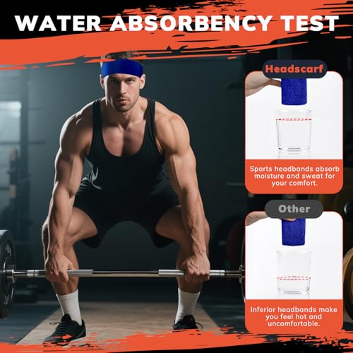 6-Pack Sweatbands Sports Headband for Men & Women - Moisture-Wicking Terry Cloth Headbands for Running, Basketball, Tennis, Gym & Workout - Non-Slip Sports Sweat Bands for Long Hair & Intense Training